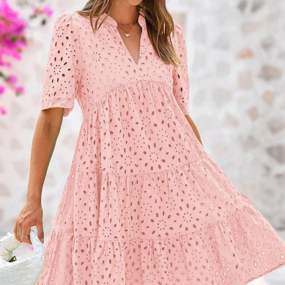 Pink Boho Women's Casual Embroidery Mini Dress - Picture 4 of 5